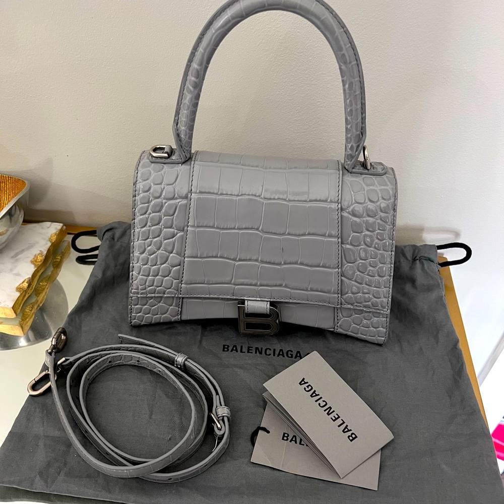 BALENCIAGA
Hourglass Small Shiny Croc-Embossed Top-Handle Bag
